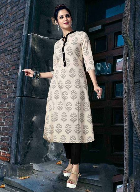 Cream And Black Neck Patti Style Roof FLORITA Fancy Ethnic Wear Pure Cotton Printed Latest Kurtis Collection FO-04